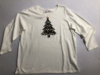 Quacker Factory Pullover Cream XL Sparkle Sequin Christmas Tree Holiday Sweater