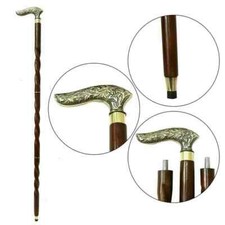 Antique Brass Derby Handle Walking Stick Victorian Designer Spiral Wooden Cane