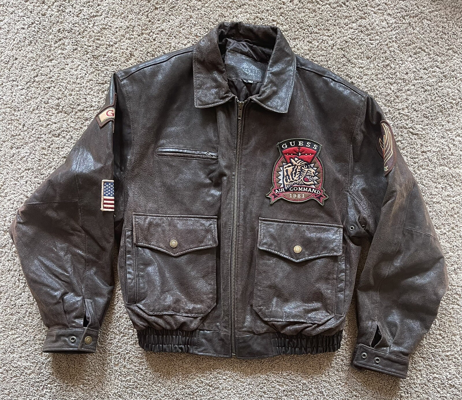 Guess Bomber Jacket Mens Medium flyers A2 G1 patches Vintage-image