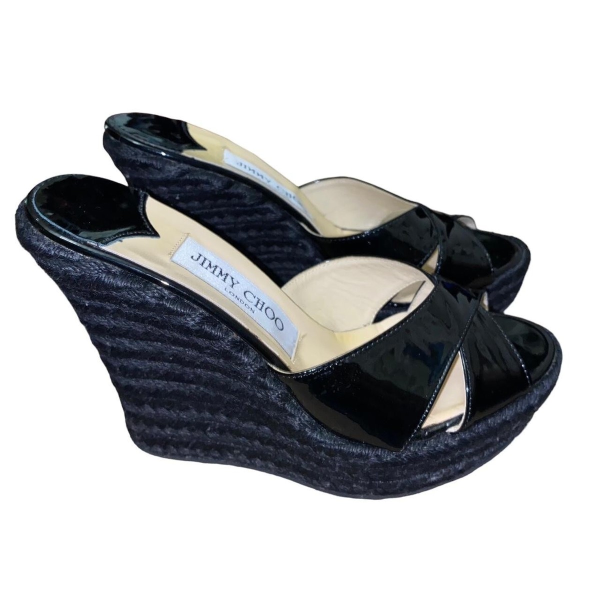 Jimmy Choo Phyllis Espadrille Wedges Sandals Women's Size Black Patent  Leather