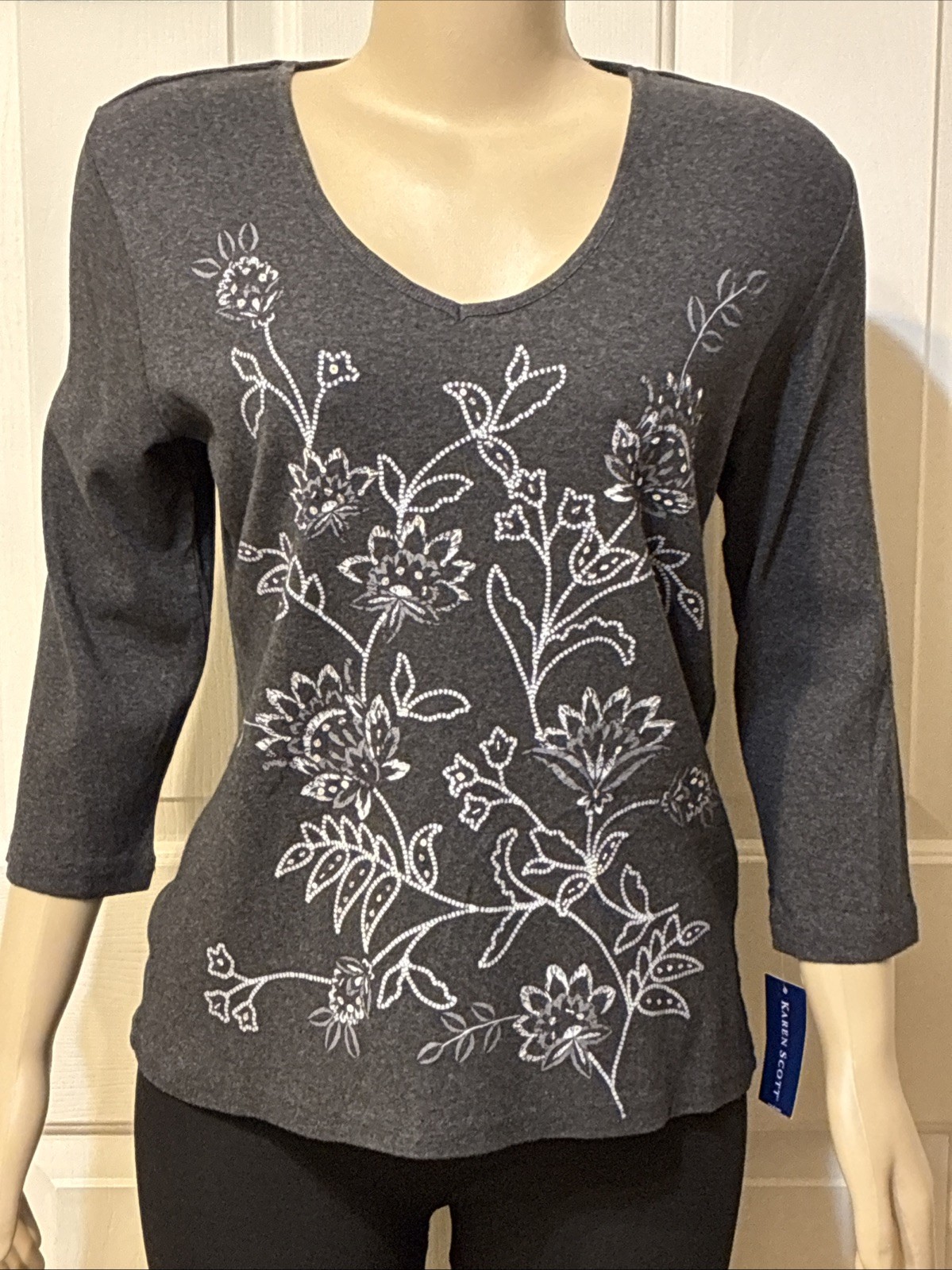 Karen Scott Womens Black V Neck 3/4 Sleeve Sequin Charcoal Top Size Medium (mc)