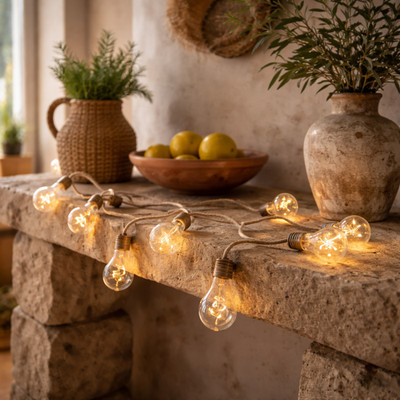 LED Lichterkette JUTTA mit 10 LED Glühbirnen und Juteseil 2,55m Batterie