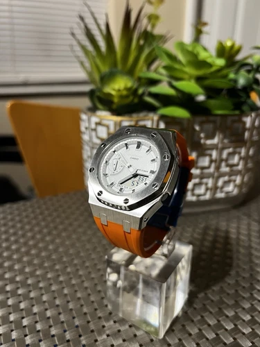 Casio G-Shock Watch GMAS2100SK-7A Custom Mod Silver Casioak Orange