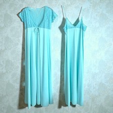 Vintage Gaymode JCPenney Peignoir Set Aqua Blue Lace Nightgown Robe Large