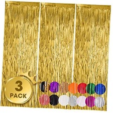 3 Pack 3.3x8.2 Feet Gold Foil Fringe Backdrop Curtains, Tinsel Streamers,