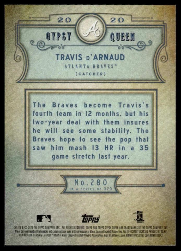 2020 Topps Gypsy Queen #280 Travis d'Arnaud Missing Nameplate - Image 2 of 2