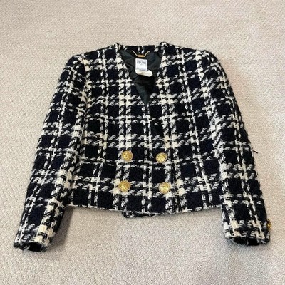 CELINE Paris Women s Tweed Jacket Size 38 Black White Houndstooth Gold Buttons