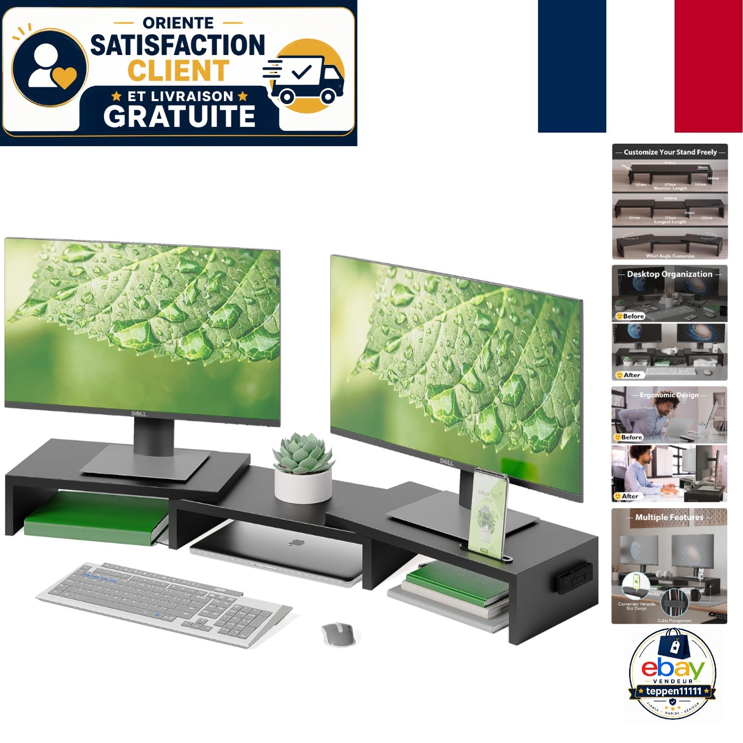 Support de moniteur double BONTEC pour organiser le bureau de télétravail en bois