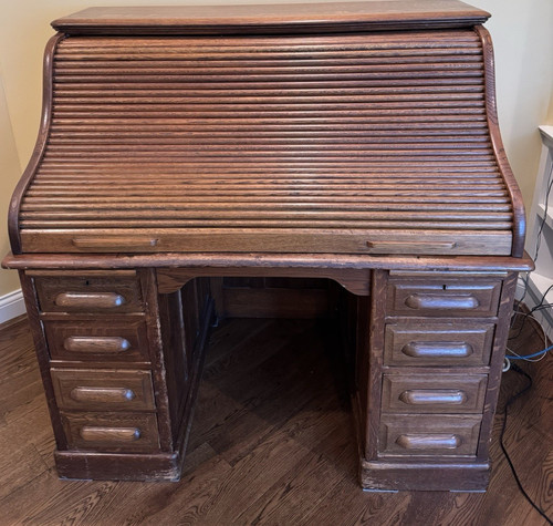Antique Traditional Wood Roll Top Desk Brown Slide-Up, 50x41x30, Drawers/Shelves