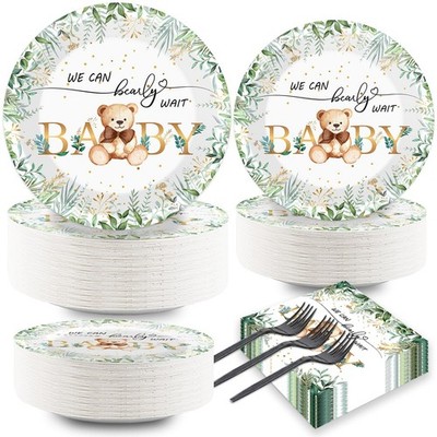 200PCS Sage Green Bear Baby Shower Decoration Teddy Plates Napkins We Can Bea...