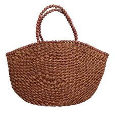 Straw Woven Tote Purse with Beaded Trim and Handle Brown Boho Summer Shopper