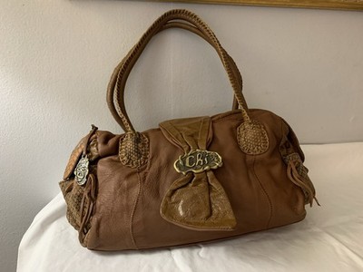 Chi Carlos Falchi Brown Lamb Skin Leather Satchel Purse Snakeskin Accent Brass