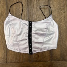 Metallic Silver Corset Crop Top Hook Eye Front Spaghetti Strap Festival S/M