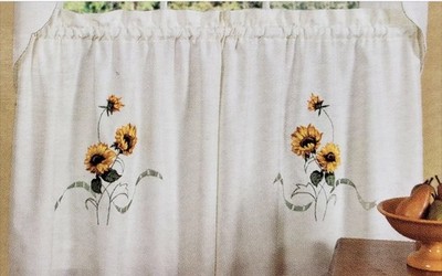 6pc Lot Sunflower Embroidered Cream Kitchen Curtains Breezy Tier Set 25'' & 35'' L