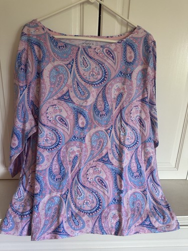Talbots Woman 3X Pink Purple And Blue Paisley Long Sleeve Cotton Spandex Top NWT