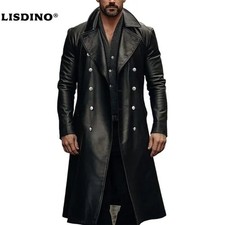 Men's Leather Long Coat Full Length Retro Trench Overcoat Faux Leather Jacket