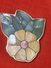 Floral Flower Pendant Inlaid Mother of Pearl Abalone Shell Folk Art Statement