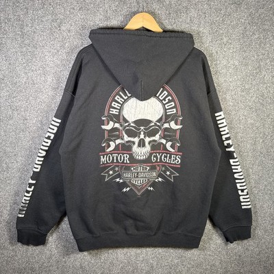 Vintage Harley Davidson Hoodie Mens XL Black 90s Zip Up Biker Skull Motorcycle