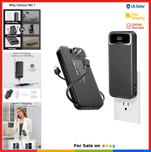 Portable Charger 12000mAh Power Bank Built-in Cables AC Wall Plug Fast Charging