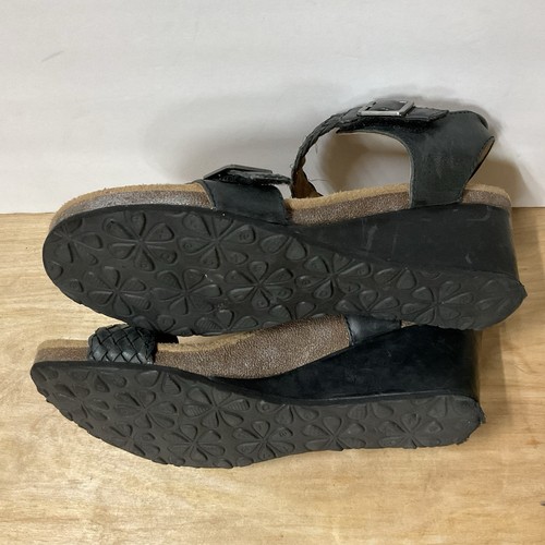 Womens 9-9.5 Aetrex Grace Wedge Sandals Black Leather Woven Straps Adjustable - Picture 10 of 11
