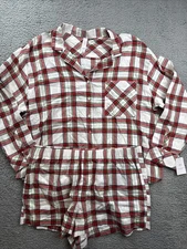 Auden Women's Size XL Plaid Flannel Long Sleeve Top & Shorts Pajama Set Cream
