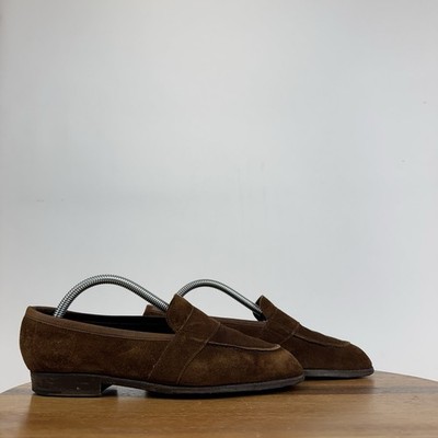 Mens Edward Green X Leffot Brown Suede Slip On Casual Penny Loafers Size 6.5 - 7