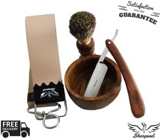 MEN'S WOODEN WET CUT THROAT STRAIGHT RAZOR SHAVING SET KIT IN GIFT BOX 4 PC US