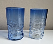 Blue textured ombre drinking glasses crinkle water juice stamped MG set of 2