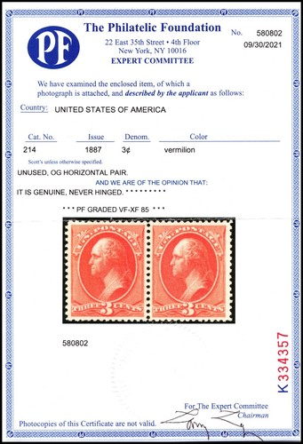 Scott 214 - 3 Cents Washington - MNH - Nice Stamp - PF Cert 85 - Picture 3 of 3