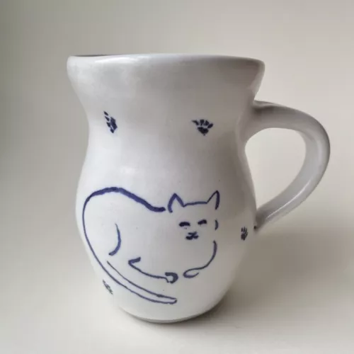 Studio Pottery Tea Cup Coffee Mug Blue White Cat