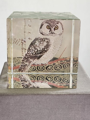 Art Glass Cube Owl Paperweight by Fringe Studio. App. 2 ¼” Side - Picture 2 of 14