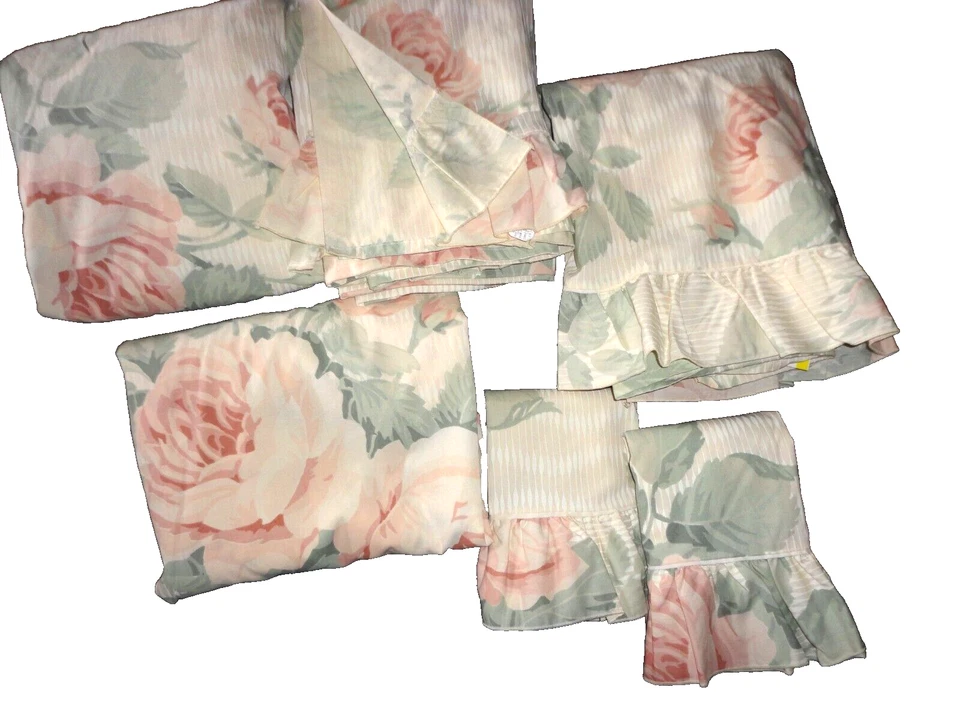 VINTAGE MARTEX MAGGIE ROSE PEACH GREEN FLORAL RUFFLED (6P) TWIN SHEET SET - Image 2 of 4