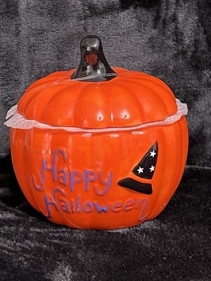NEW Ashland Halloween Orange Ceramic Pumpkin Cookie/Candy Jar w/Purple Words 7.5