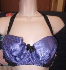 vintage FREDERICKS of HOLLYWOOD PURPLE BLACK SATIN HALTER TIE UW bra size M