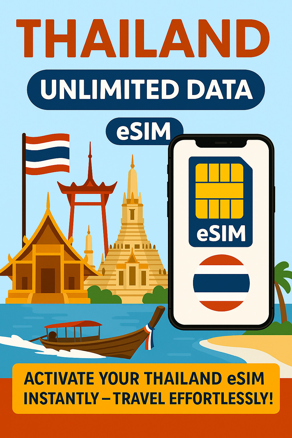 Best Thailand Unlimited Data esim Data Travel e sim High-Speed, 3-15 Days