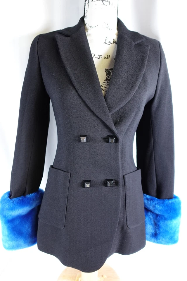 Just Drew женщин двубортный блейзер размер 2 искусственного меха манжеты новый с Ярлыками $495 черный весело - Изображение 4 из 4