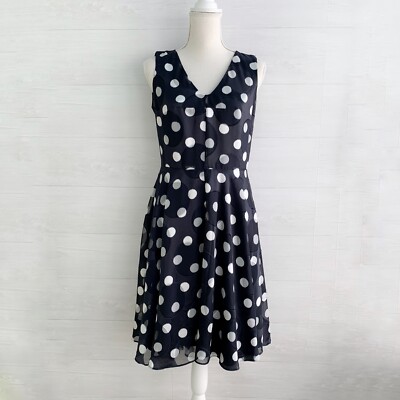 Ann Taylor Navy blue white polka dot fit flare sleeveless dress
