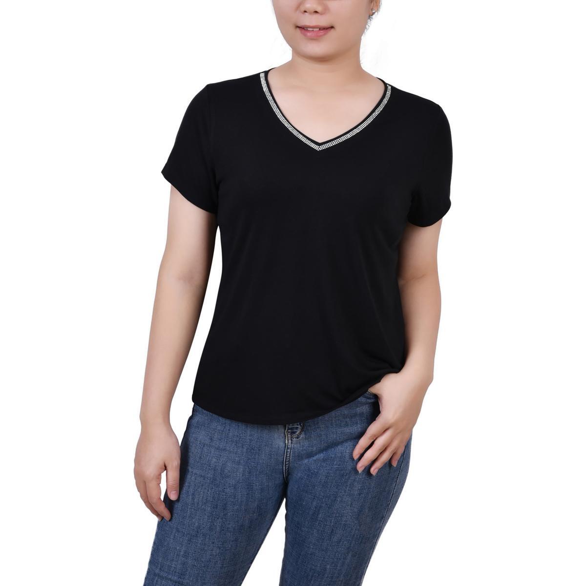 Женская черная блузка с отделкой стразами из коллекции NY Collection Petites PL BHFO 9695