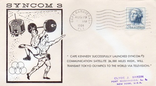 SYNCOM 3 satellite launch day Cape Canaveral SARZIN Space cover 1964 Rare !