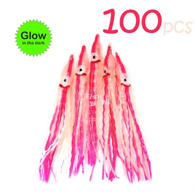 100pcs Glow Pink Fish WOW! 5'' Squid Skirt Octopus wave Hoochies Crinkle trolling