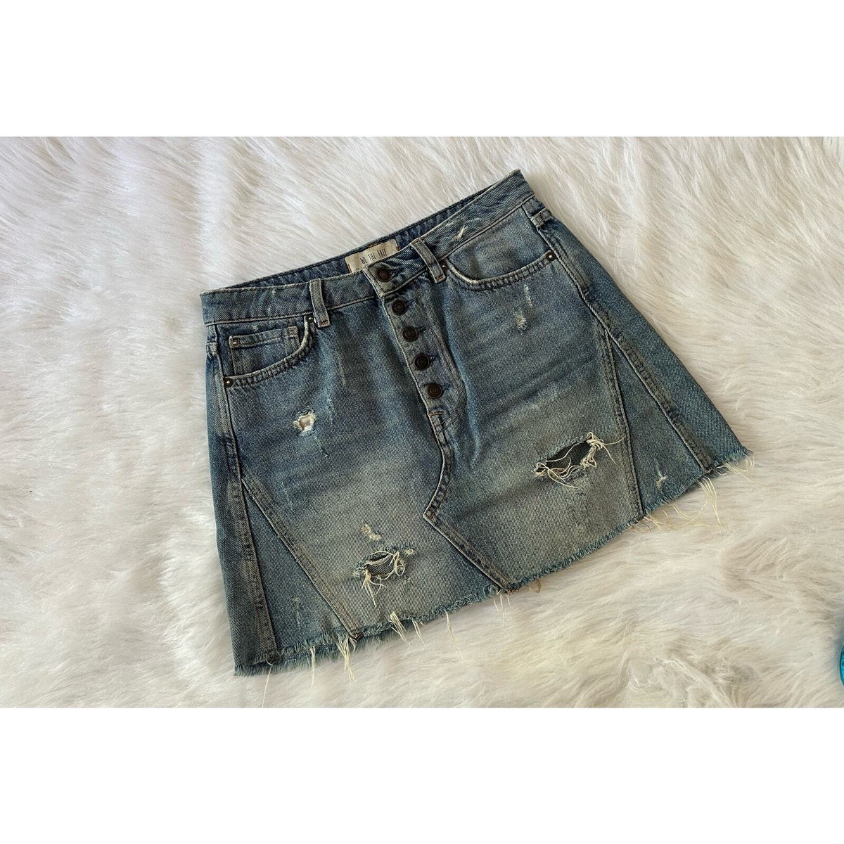 Free People We the Free Distressed Button Fly Denim A-Line Skirt