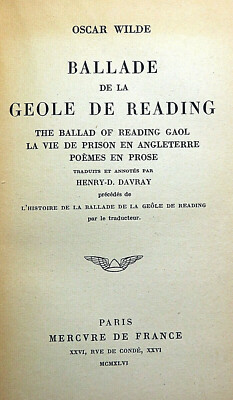 1927 OSCAR WILDE BALLADE DE LA GEOLE DE READING MERCURE DE FRANCE LIVRE PRISON