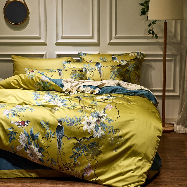 Luxury Silk Egyptian Cotton Yellow Birds Flowers Print Bedding Sheet