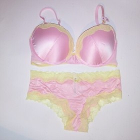 Victoria Secret Bra Set Tease Push Up Cheeky Panty Pink Yellow Lace Trim New