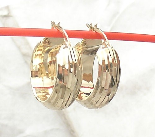 Technibond Diamond Cut Round Band Hoop Earrings 14K Yellow Gold Plated Silver