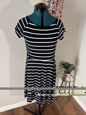LOFT Black and White Striped Fit and Flare Dress, Size M