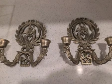 Vintage American Eagle Heart Wall Hanging Plate Candlestick Sconce Pair. Heavy 