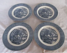 Set Of 4 Vtg ROYAL CHINA Currier and Ives Blue and White 10" Dinner Plates (USA)