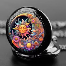 Vintage Black Pocket Watch with Sun, Moon  Floral Design
