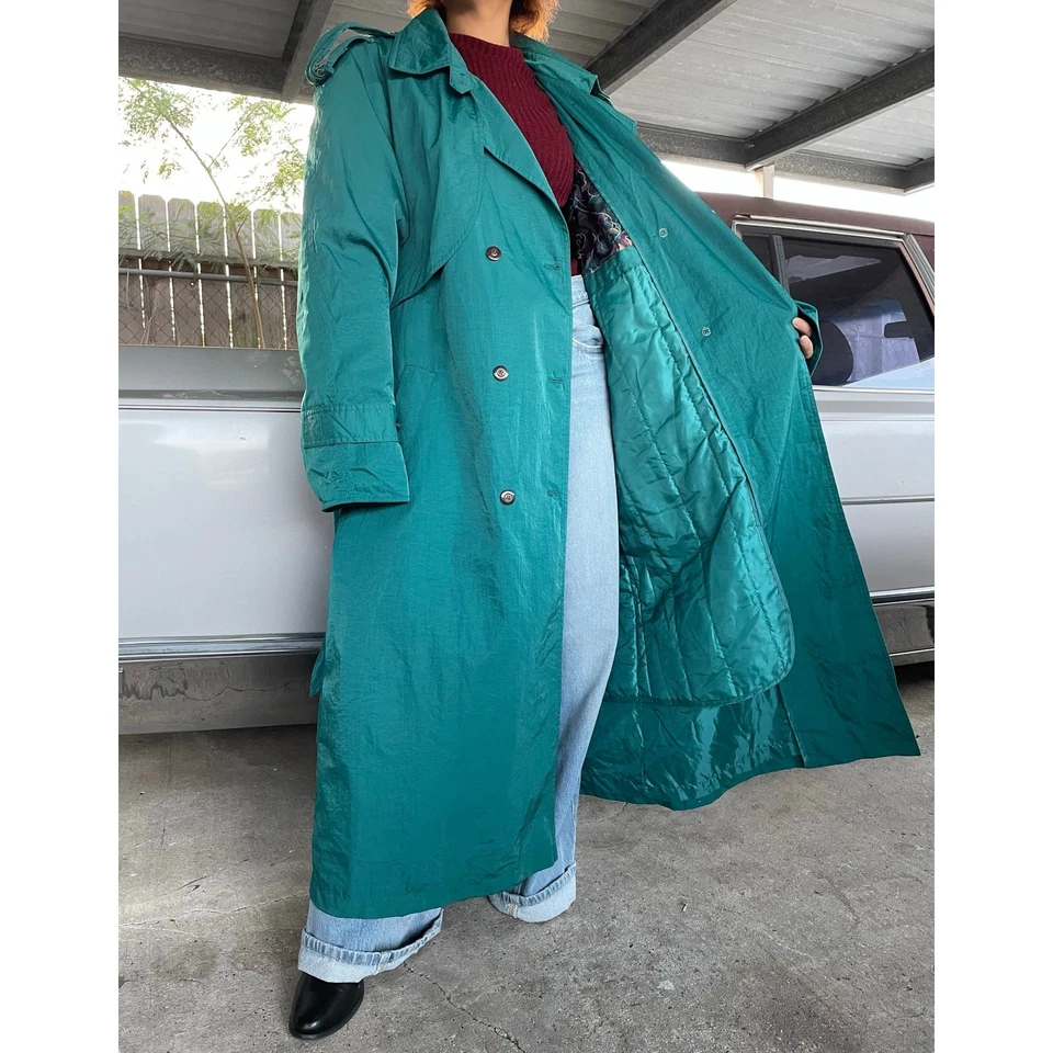 Vintage 80s Maggie Lawrence Double Breasted Long Rain Trench Coat Quilt Line 16 - Image 4 of 4